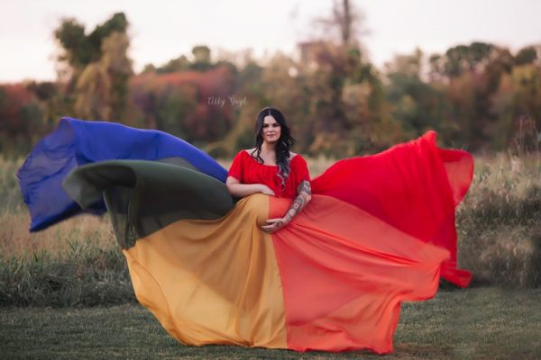 Rent this rainbow colored maternity gown